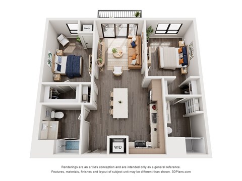 Floor plan for 2 beds, 2 baths, 1029 sqft